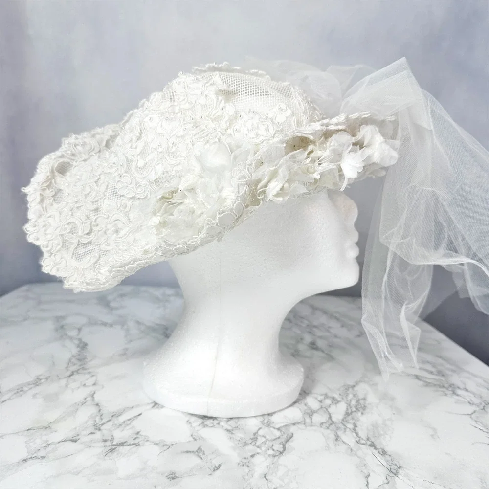 Vintage Handmade Ivory White Lace Floral Pearl Bridal Veil Hat